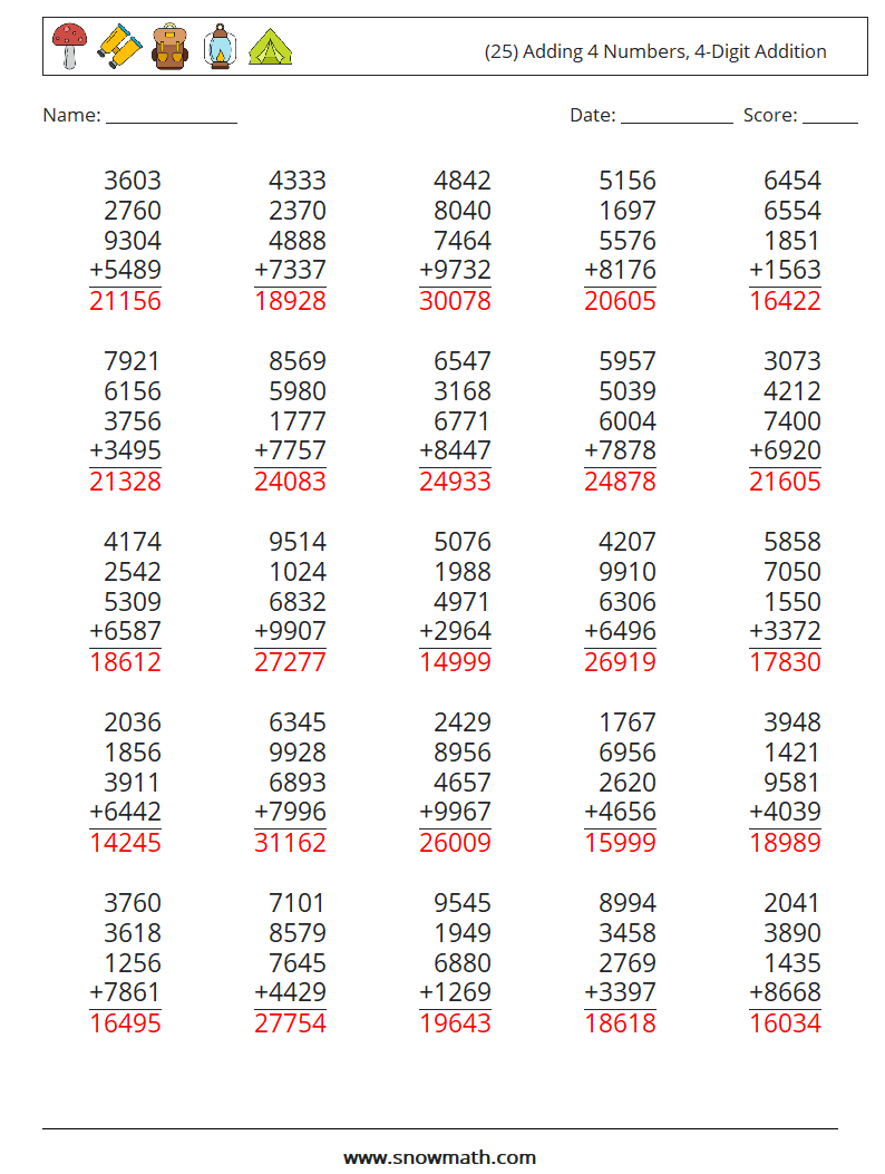 (25) Adding 4 Numbers, 4-Digit Addition Maths Worksheets 9 Question, Answer