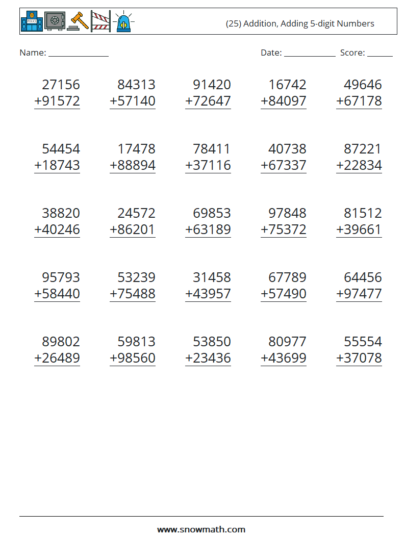 (25) Addition, Adding 5-digit Numbers Maths Worksheets 1