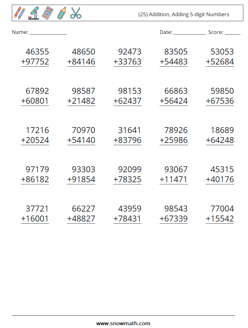 (25) Addition, Adding 5-digit Numbers Maths Worksheets 10