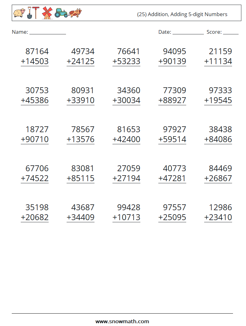 (25) Addition, Adding 5-digit Numbers Maths Worksheets 11