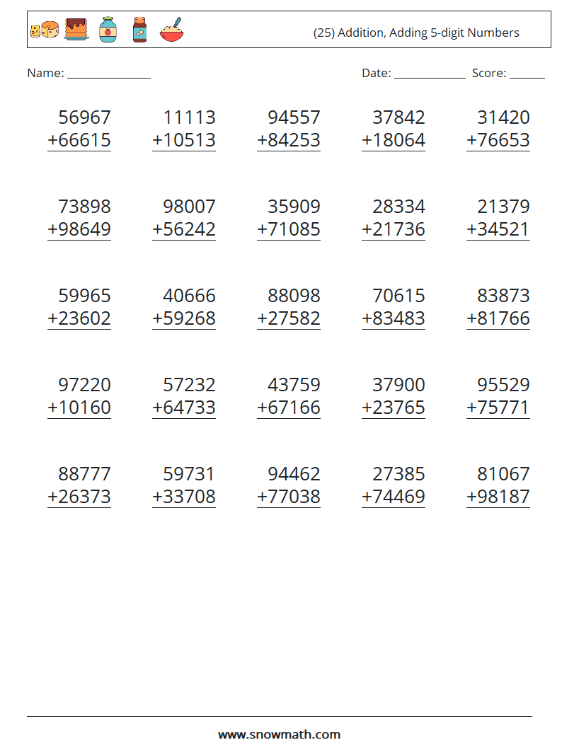 (25) Addition, Adding 5-digit Numbers Maths Worksheets 12