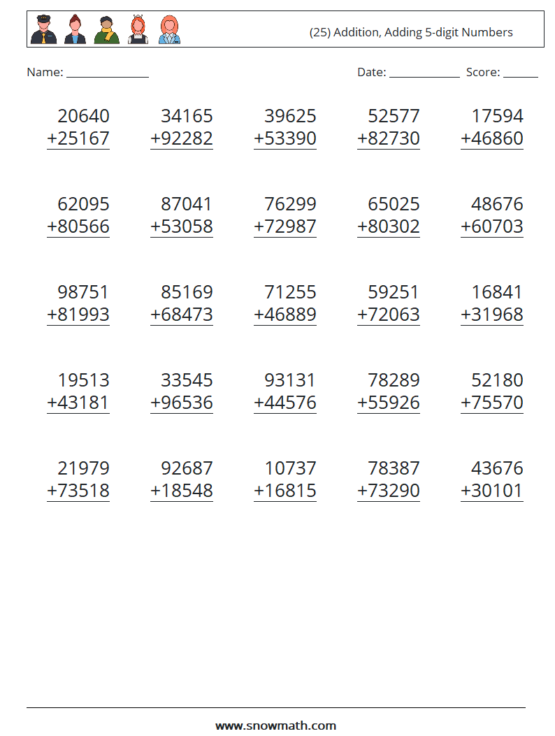 (25) Addition, Adding 5-digit Numbers Maths Worksheets 13