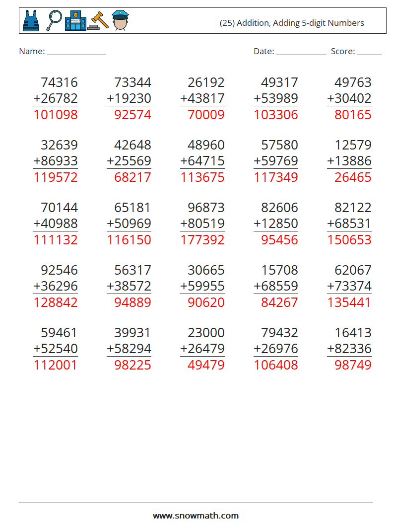 (25) Addition, Adding 5-digit Numbers Maths Worksheets 14 Question, Answer