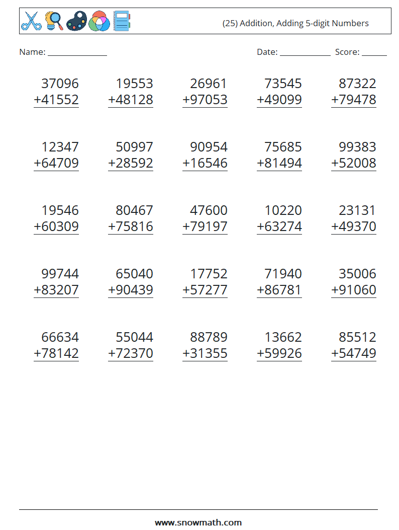 (25) Addition, Adding 5-digit Numbers Maths Worksheets 15