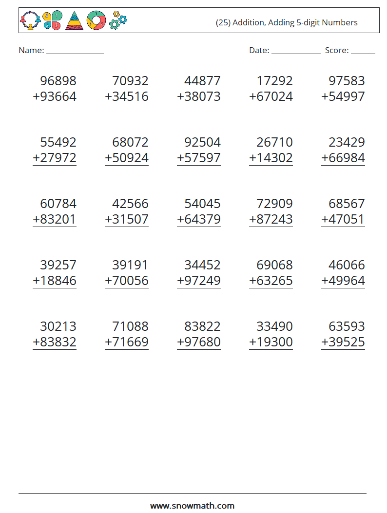 (25) Addition, Adding 5-digit Numbers Maths Worksheets 16