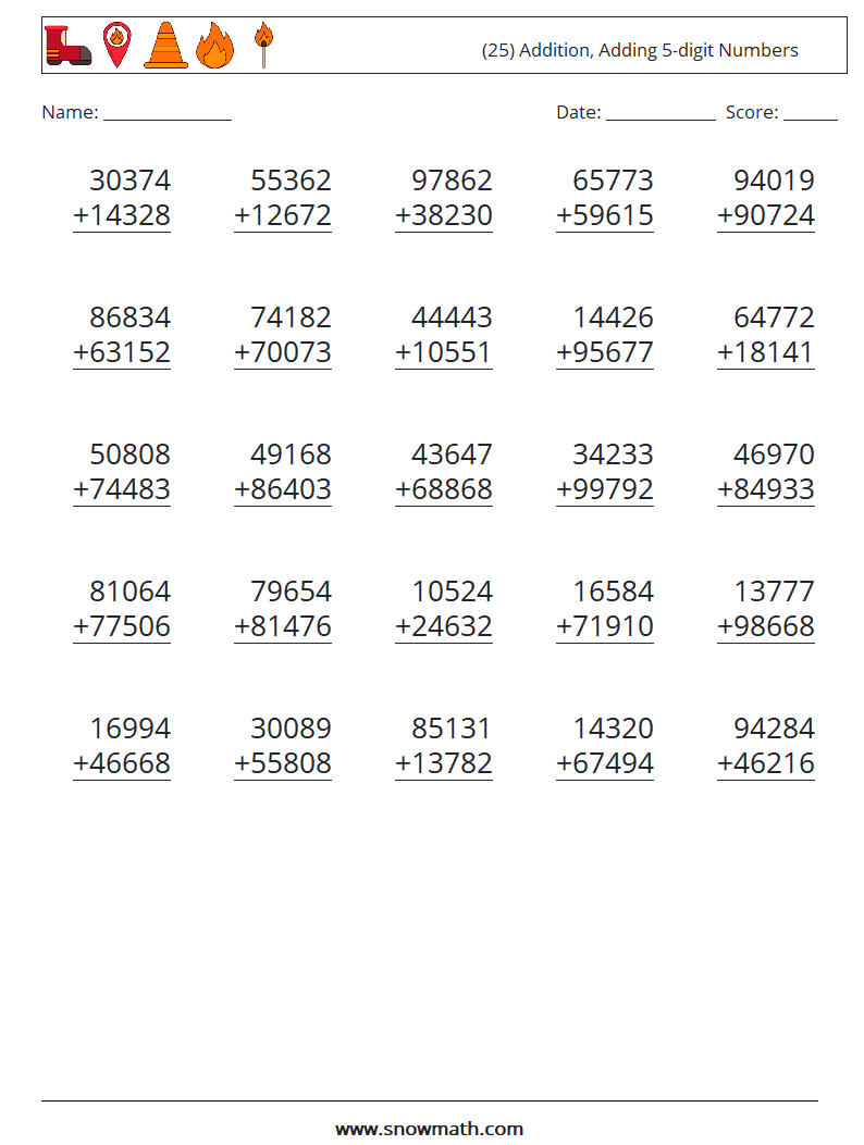 (25) Addition, Adding 5-digit Numbers Maths Worksheets 18