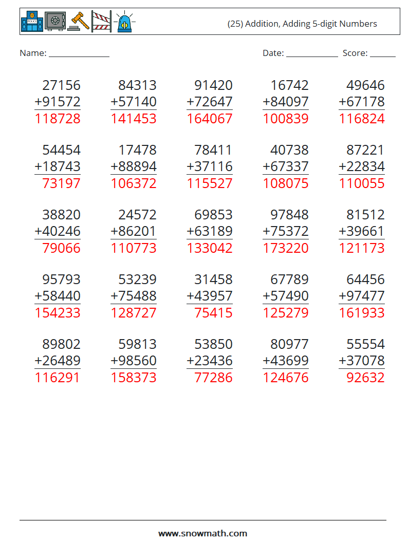 (25) Addition, Adding 5-digit Numbers Maths Worksheets 1 Question, Answer