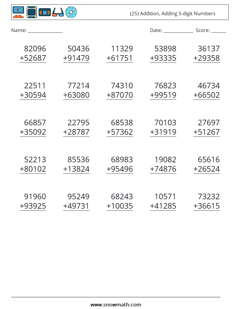 (25) Addition, Adding 5-digit Numbers Maths Worksheets 2