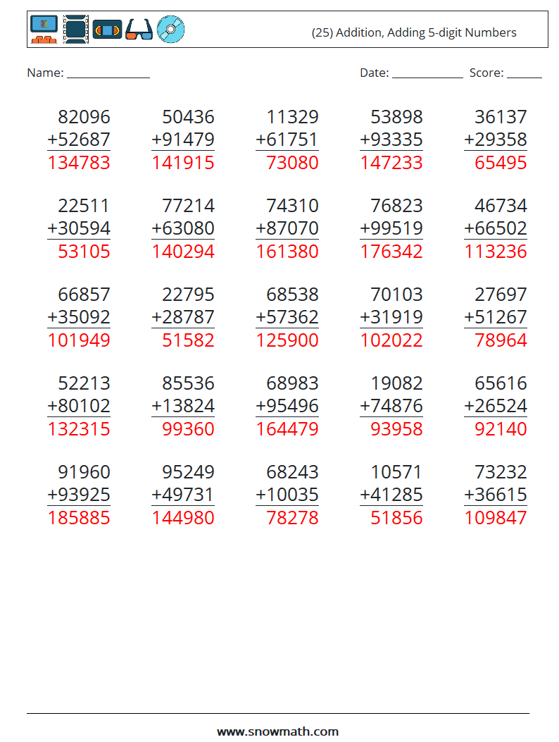 (25) Addition, Adding 5-digit Numbers Maths Worksheets 2 Question, Answer
