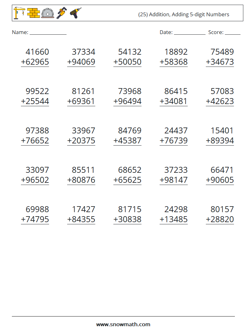 (25) Addition, Adding 5-digit Numbers Maths Worksheets 3