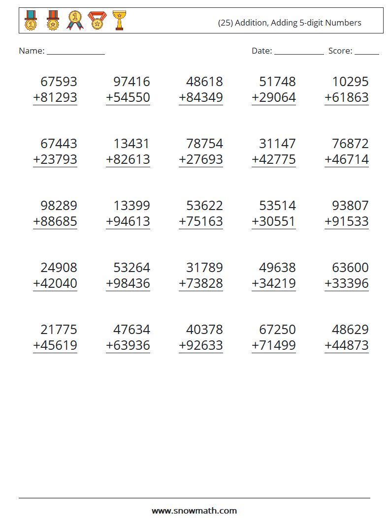 (25) Addition, Adding 5-digit Numbers Maths Worksheets 4