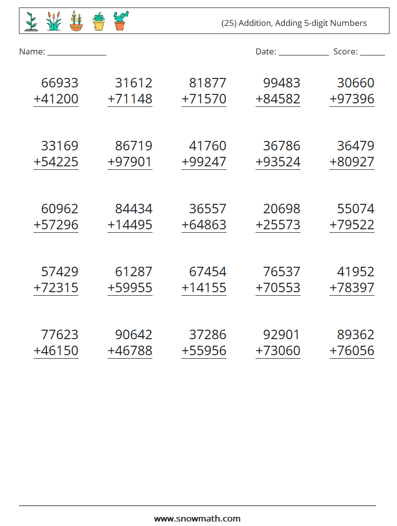 (25) Addition, Adding 5-digit Numbers Maths Worksheets 5