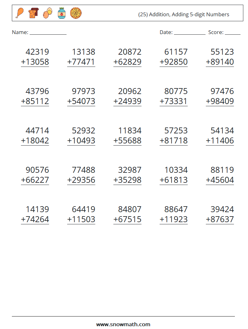 (25) Addition, Adding 5-digit Numbers Maths Worksheets 6