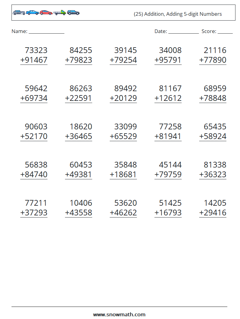 (25) Addition, Adding 5-digit Numbers Maths Worksheets 7