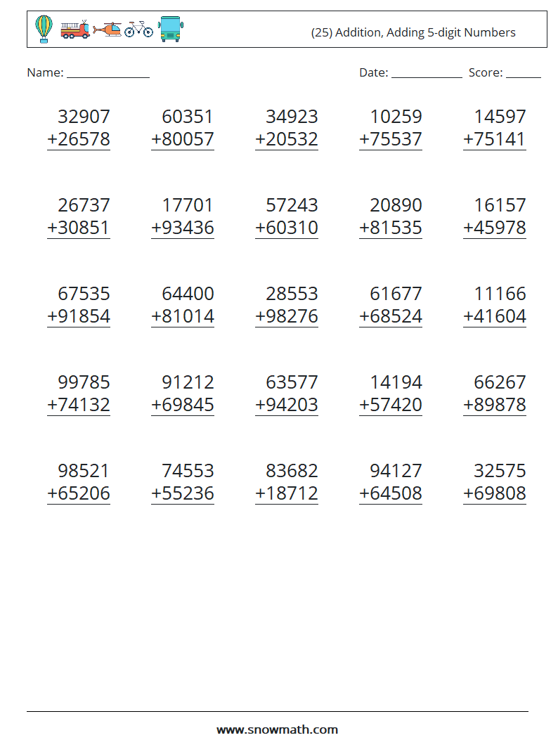 (25) Addition, Adding 5-digit Numbers Maths Worksheets 8