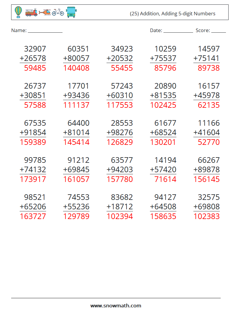 (25) Addition, Adding 5-digit Numbers Maths Worksheets 8 Question, Answer