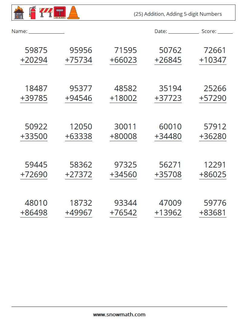 (25) Addition, Adding 5-digit Numbers Maths Worksheets 9