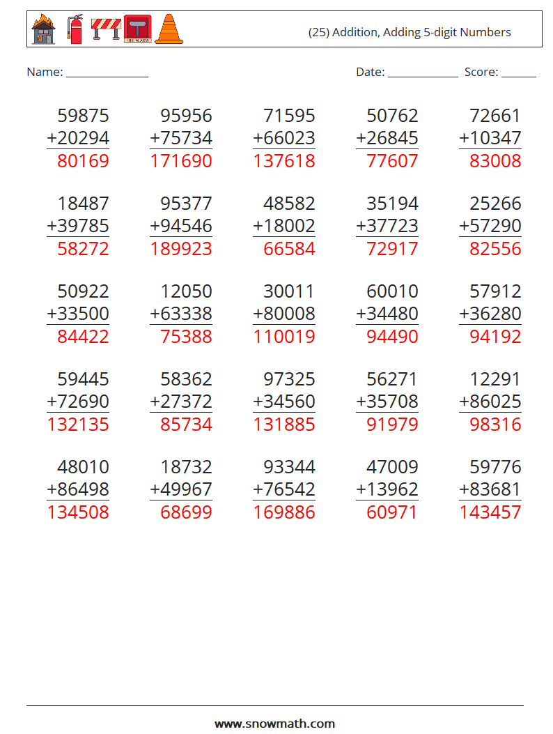 (25) Addition, Adding 5-digit Numbers Maths Worksheets 9 Question, Answer