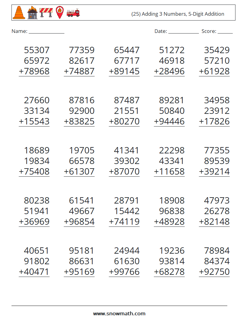 (25) Adding 3 Numbers, 5-Digit Addition Maths Worksheets 1