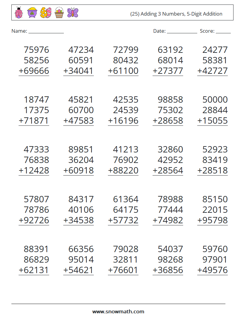 (25) Adding 3 Numbers, 5-Digit Addition Maths Worksheets 10