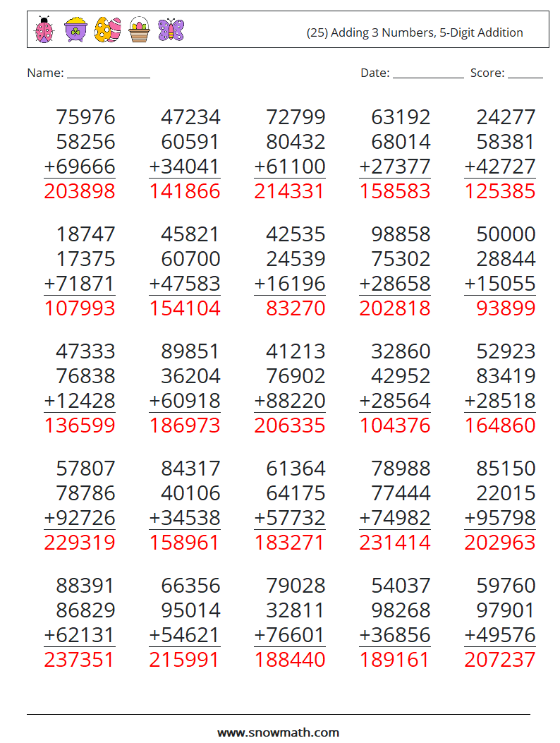 (25) Adding 3 Numbers, 5-Digit Addition Maths Worksheets 10 Question, Answer