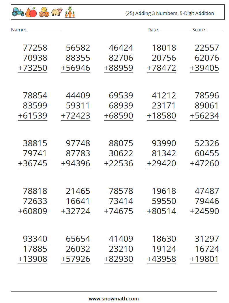 (25) Adding 3 Numbers, 5-Digit Addition Maths Worksheets 11