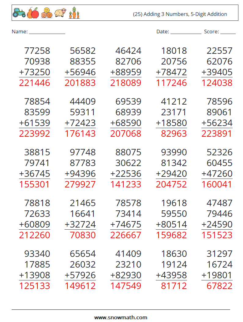 (25) Adding 3 Numbers, 5-Digit Addition Maths Worksheets 11 Question, Answer