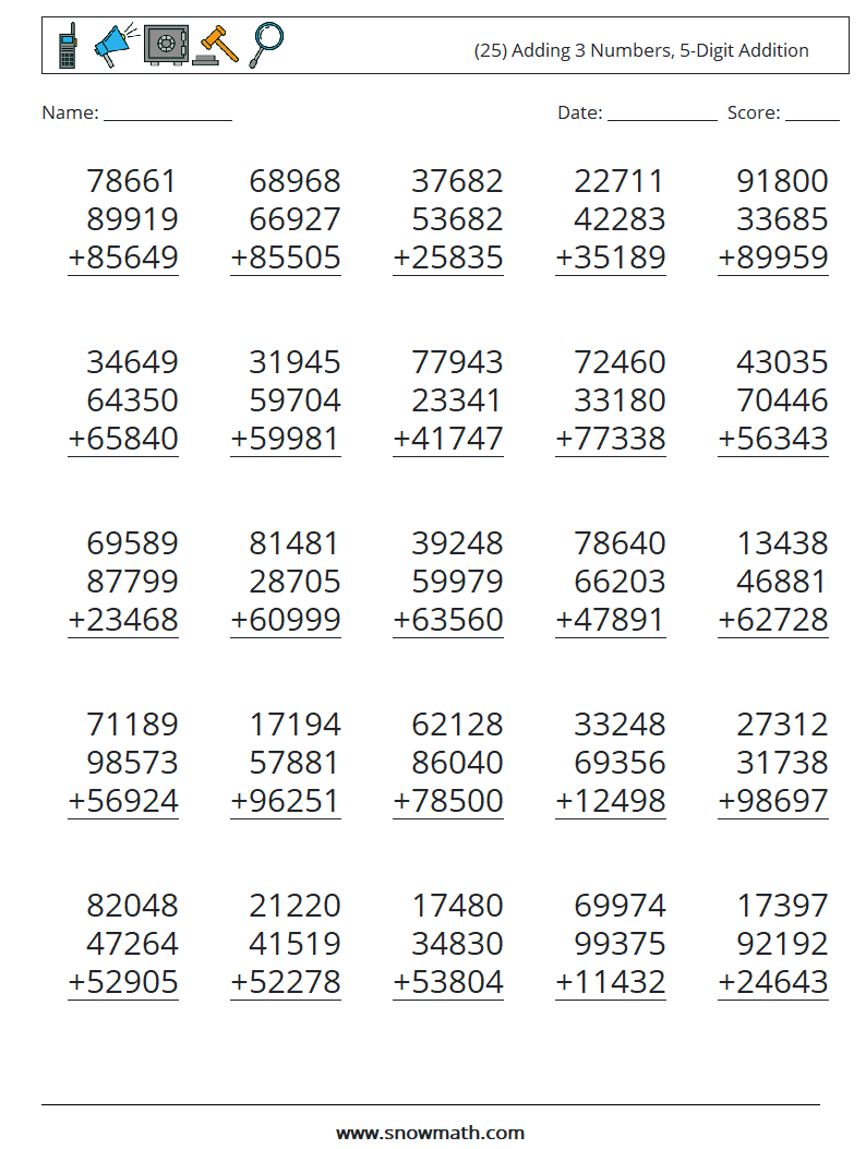(25) Adding 3 Numbers, 5-Digit Addition Maths Worksheets 12