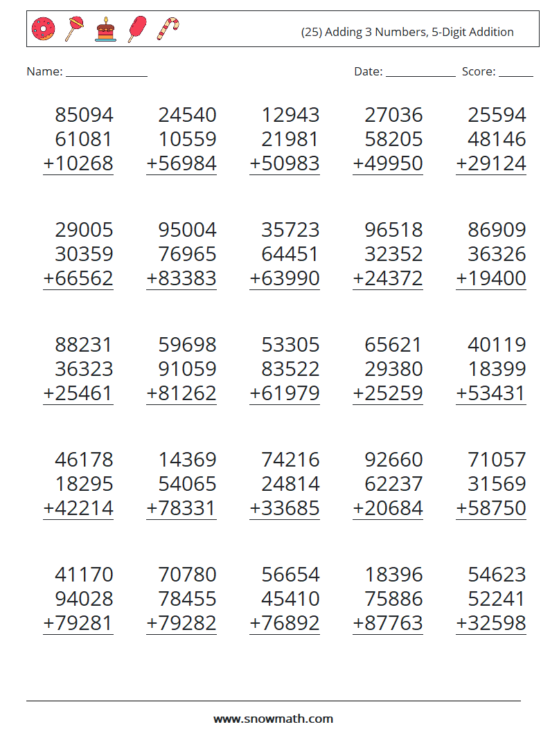 (25) Adding 3 Numbers, 5-Digit Addition Maths Worksheets 13