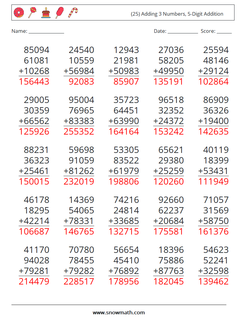 (25) Adding 3 Numbers, 5-Digit Addition Maths Worksheets 13 Question, Answer