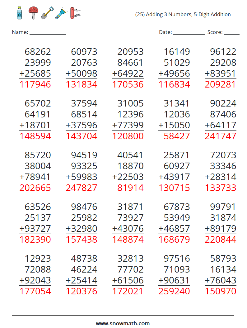 (25) Adding 3 Numbers, 5-Digit Addition Maths Worksheets 14 Question, Answer