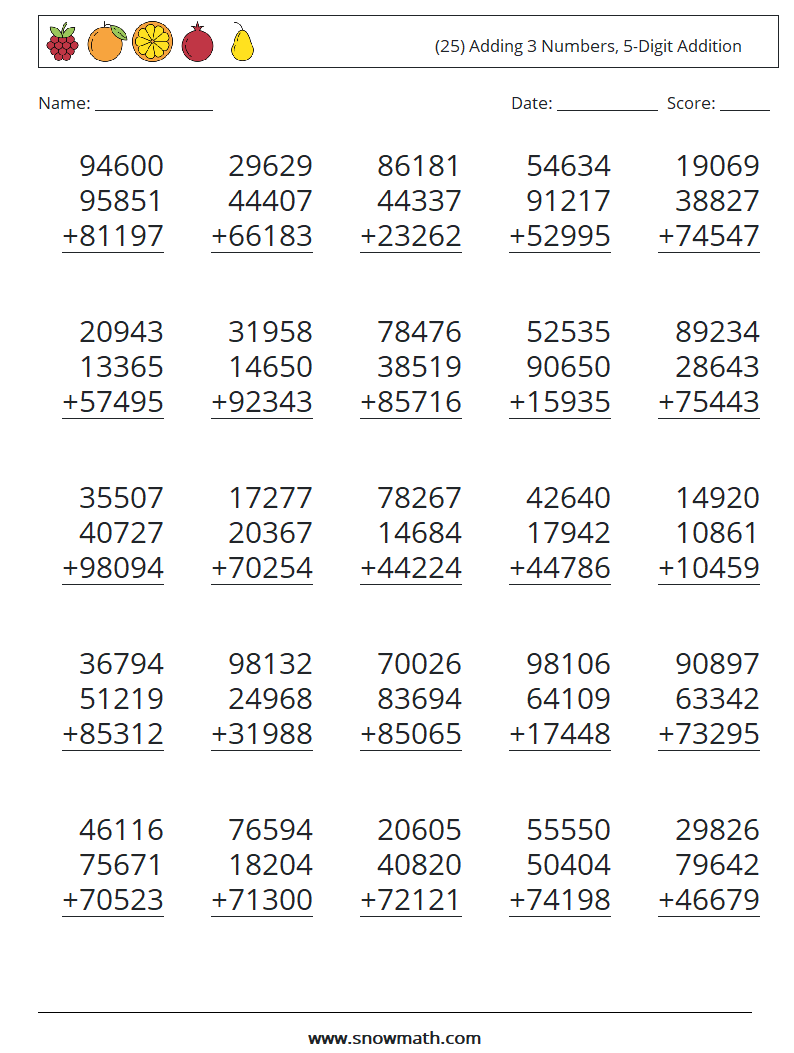 (25) Adding 3 Numbers, 5-Digit Addition Maths Worksheets 15