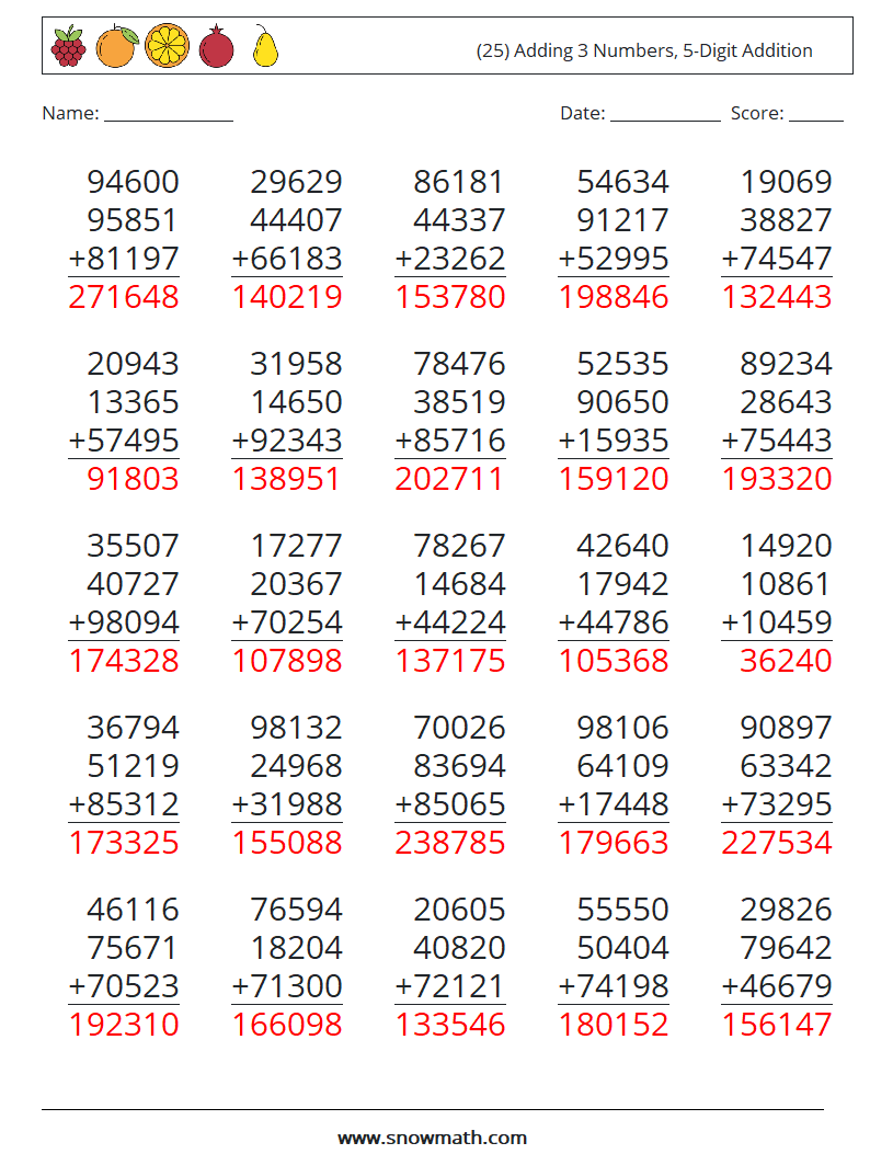 (25) Adding 3 Numbers, 5-Digit Addition Maths Worksheets 15 Question, Answer