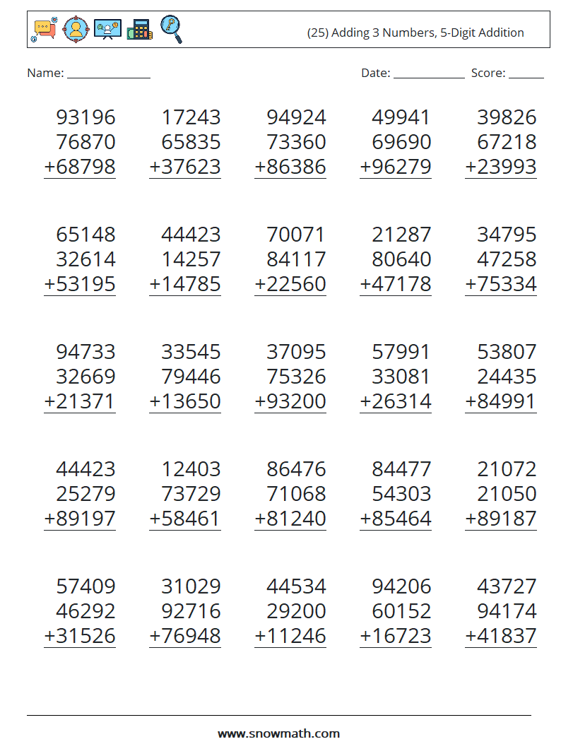 (25) Adding 3 Numbers, 5-Digit Addition Maths Worksheets 16