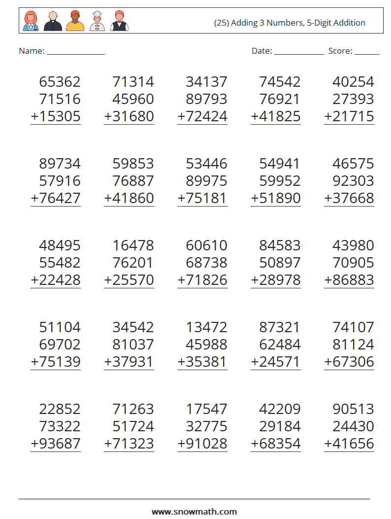 (25) Adding 3 Numbers, 5-Digit Addition Maths Worksheets 18