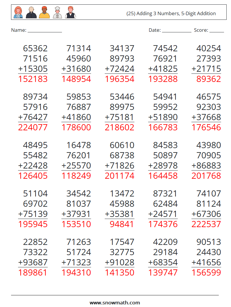(25) Adding 3 Numbers, 5-Digit Addition Maths Worksheets 18 Question, Answer