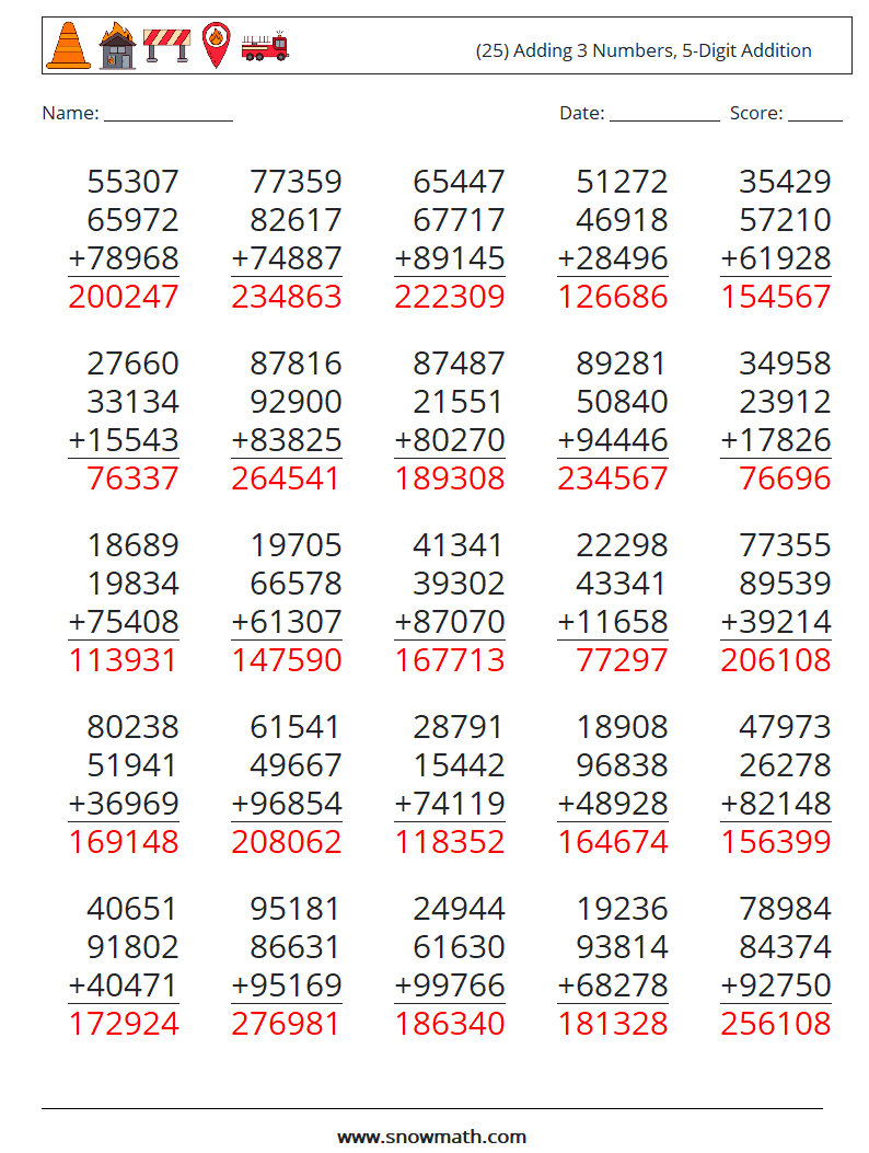 (25) Adding 3 Numbers, 5-Digit Addition Maths Worksheets 1 Question, Answer