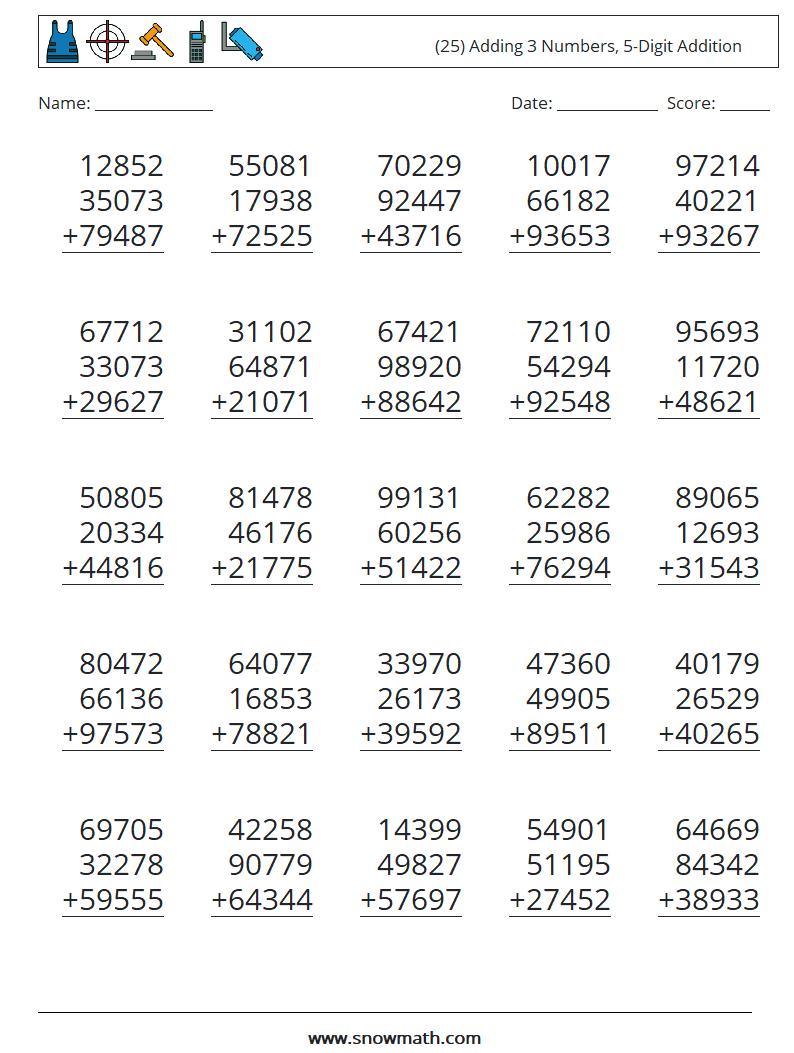 (25) Adding 3 Numbers, 5-Digit Addition Maths Worksheets 2