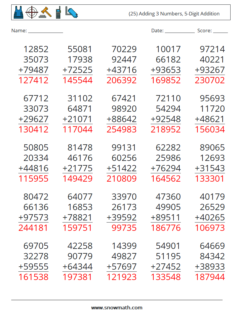 (25) Adding 3 Numbers, 5-Digit Addition Maths Worksheets 2 Question, Answer