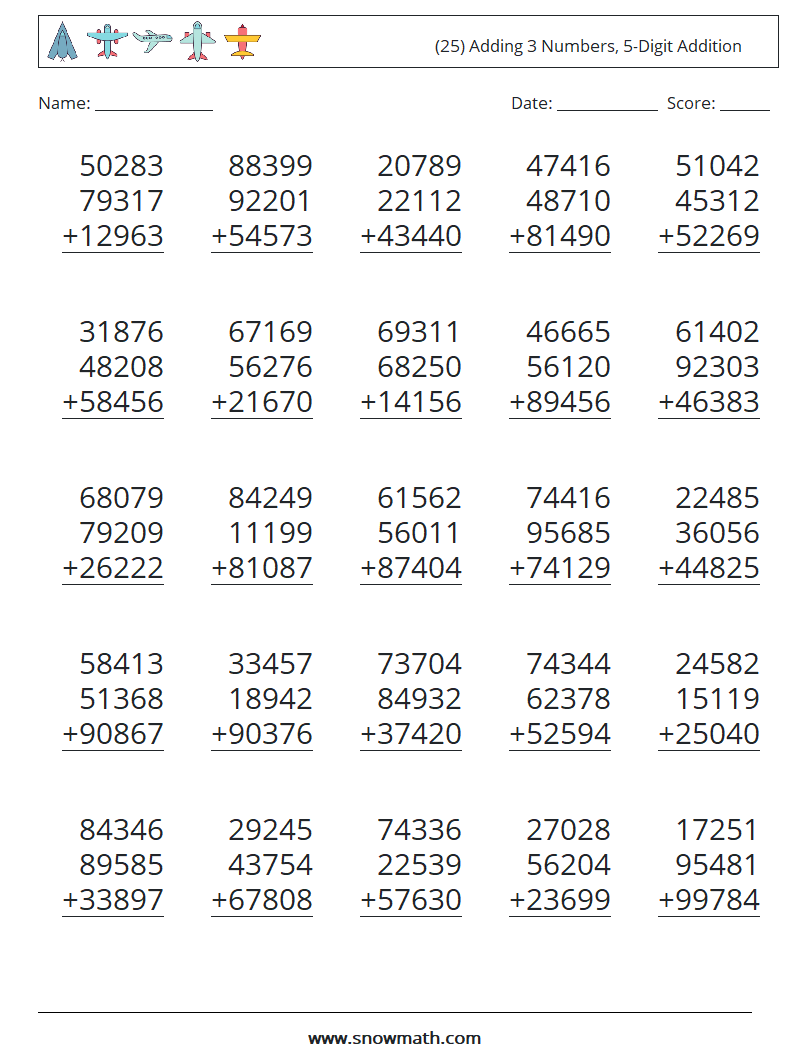 (25) Adding 3 Numbers, 5-Digit Addition Maths Worksheets 3
