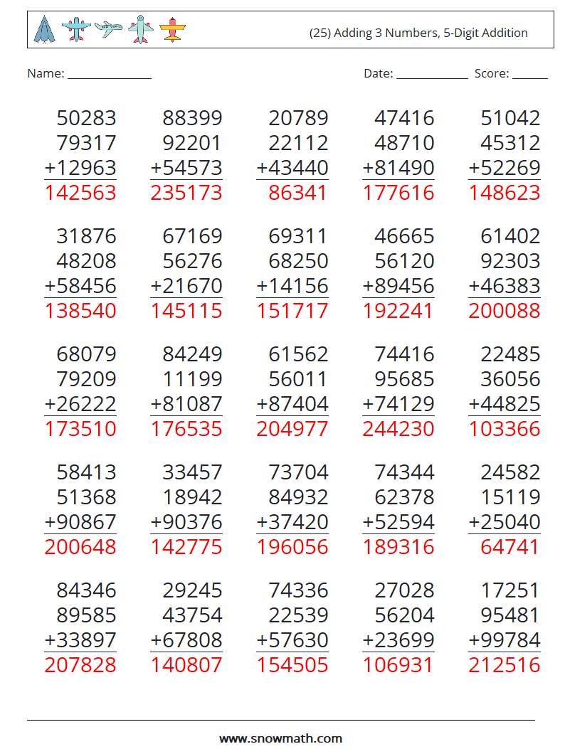 (25) Adding 3 Numbers, 5-Digit Addition Maths Worksheets 3 Question, Answer