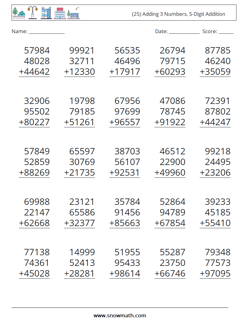 (25) Adding 3 Numbers, 5-Digit Addition Maths Worksheets 4