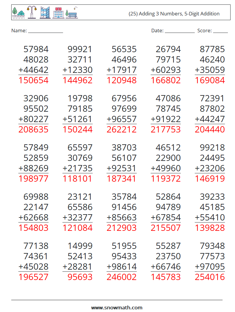 (25) Adding 3 Numbers, 5-Digit Addition Maths Worksheets 4 Question, Answer