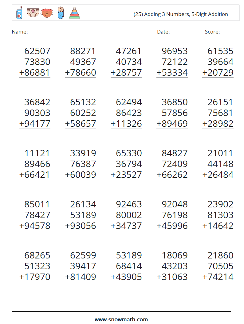 (25) Adding 3 Numbers, 5-Digit Addition Maths Worksheets 5
