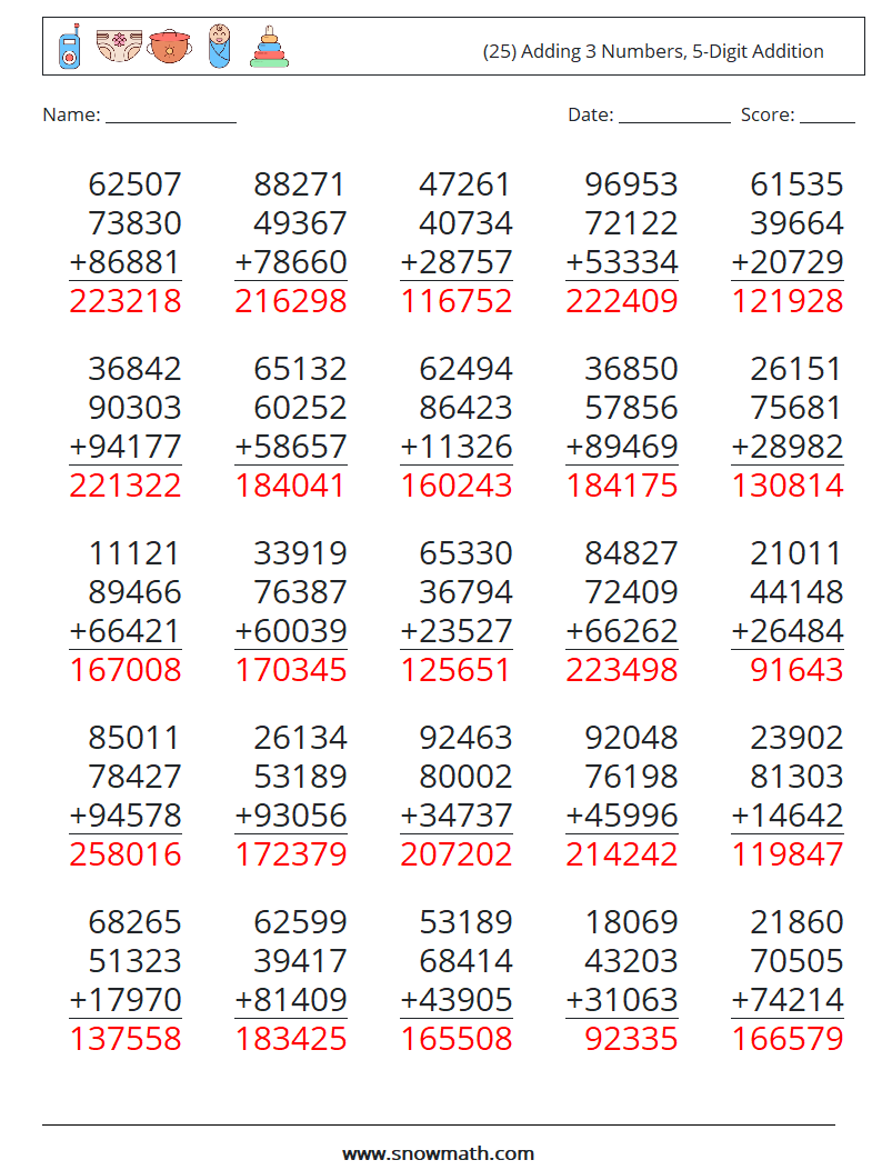 (25) Adding 3 Numbers, 5-Digit Addition Maths Worksheets 5 Question, Answer
