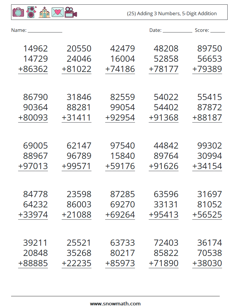 (25) Adding 3 Numbers, 5-Digit Addition Maths Worksheets 6