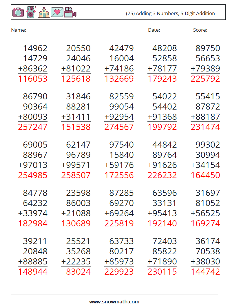 (25) Adding 3 Numbers, 5-Digit Addition Maths Worksheets 6 Question, Answer
