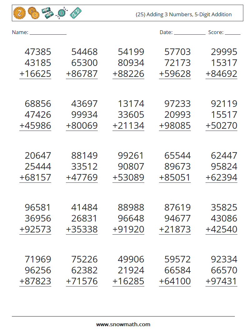 (25) Adding 3 Numbers, 5-Digit Addition Maths Worksheets 7
