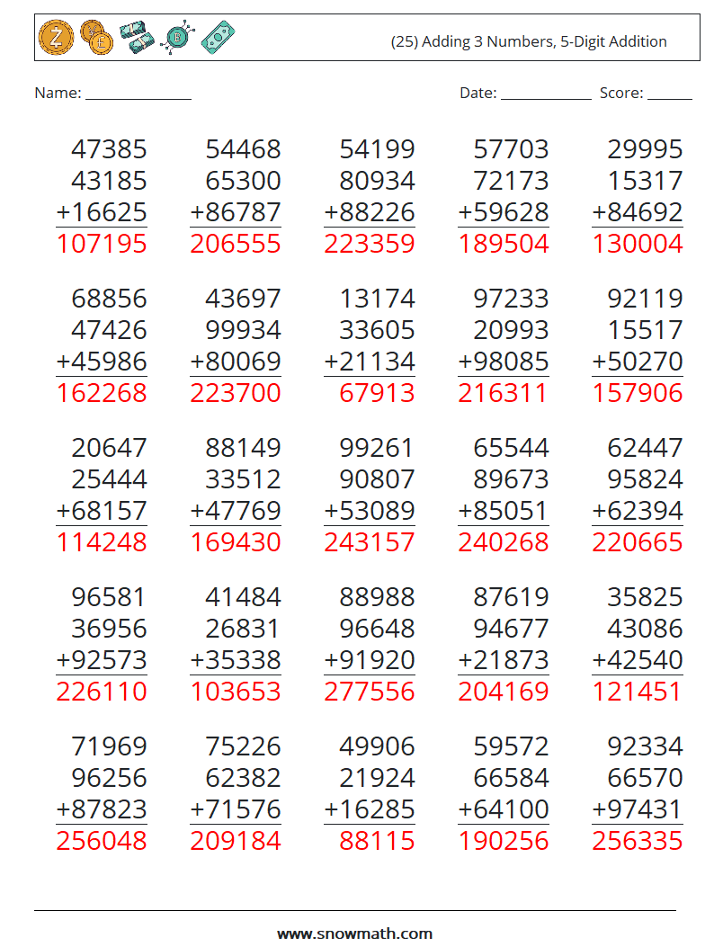(25) Adding 3 Numbers, 5-Digit Addition Maths Worksheets 7 Question, Answer
