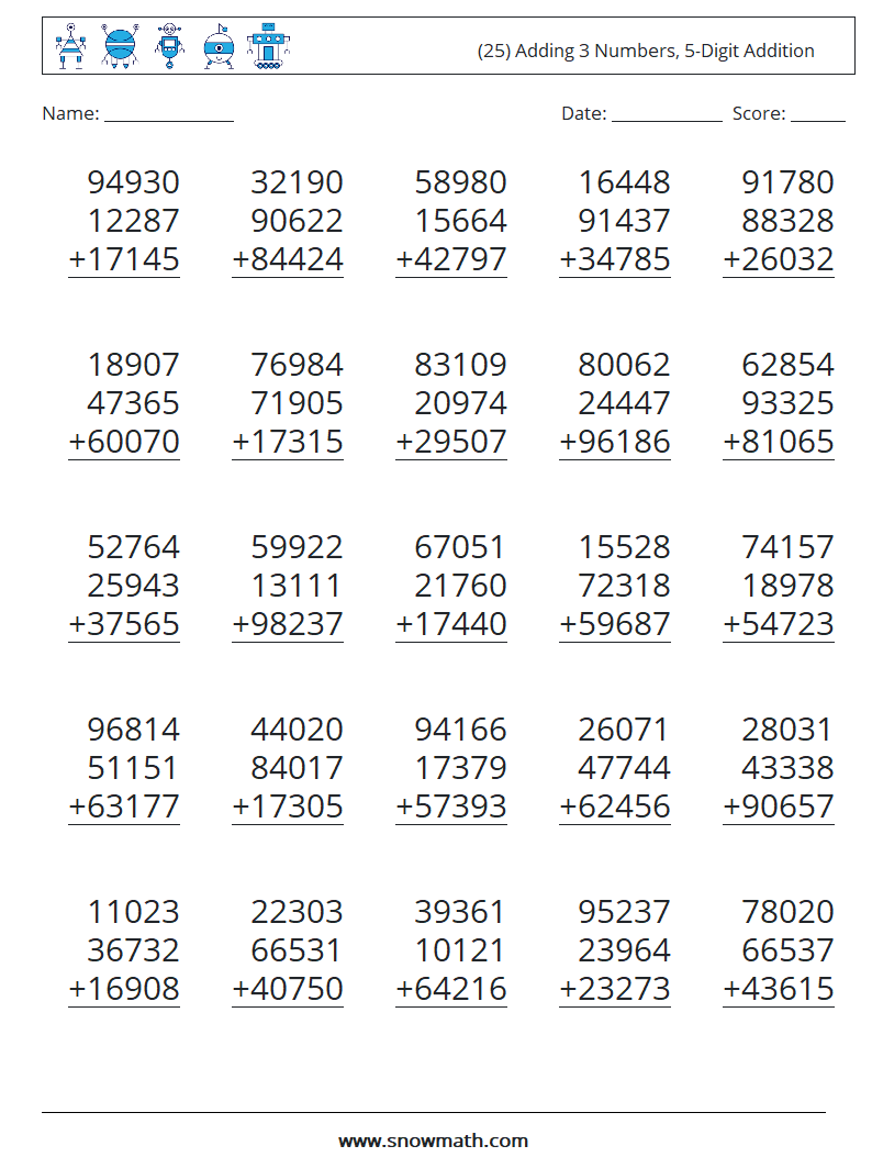 (25) Adding 3 Numbers, 5-Digit Addition Maths Worksheets 8